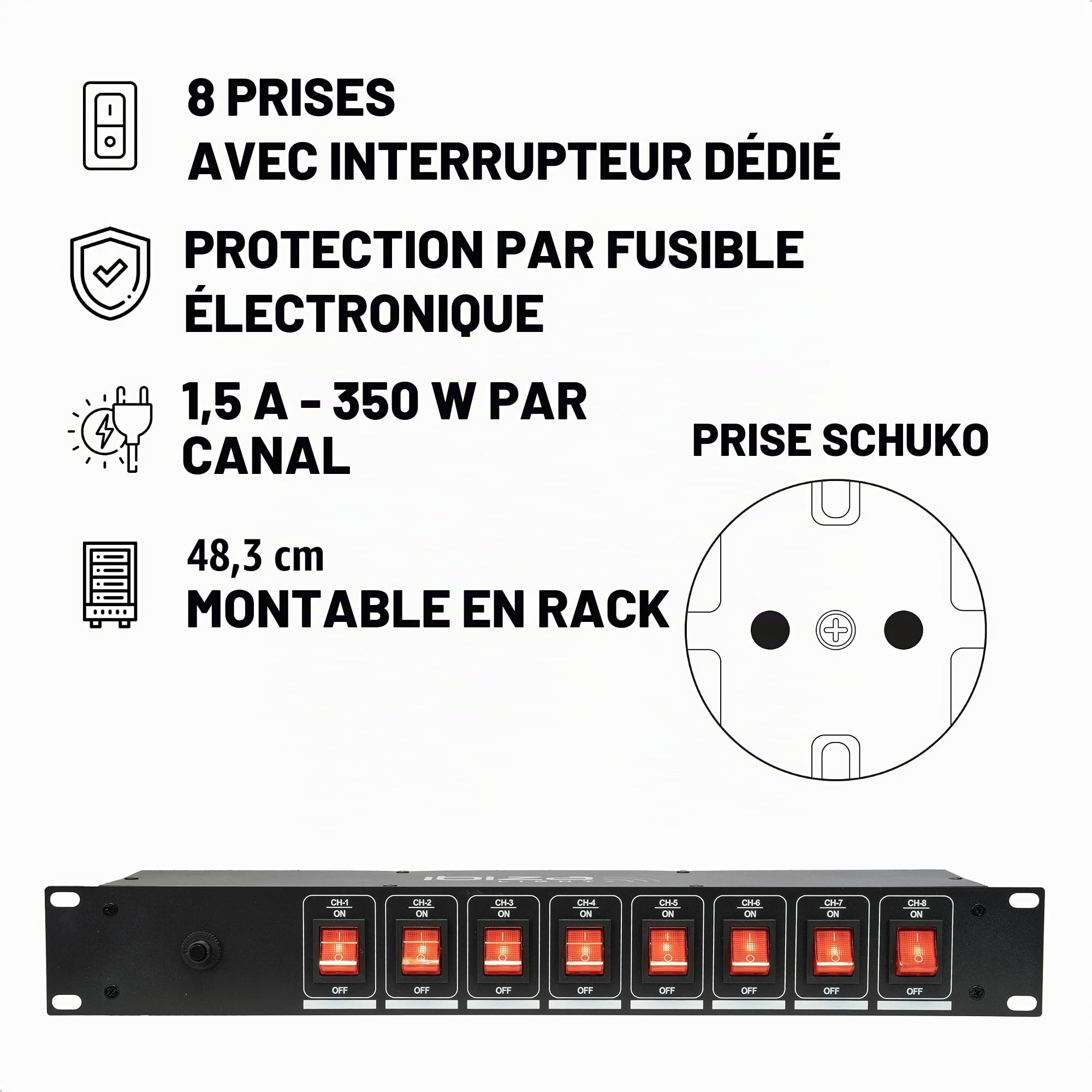 Ibiza - LC806S-DE - Boitier multiprise encastrable 19” à 8 Voies avec commutateur dédiés - Alliage Aluminium Noir - 8 Prises de Type F (Schuko)
