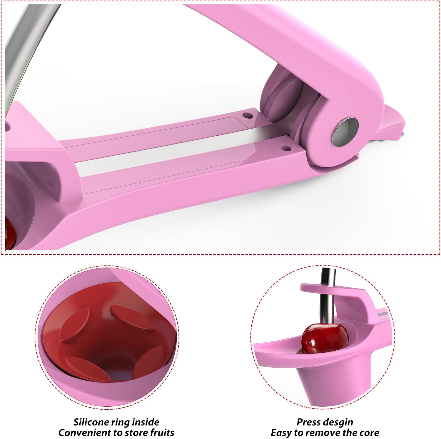Cherry Pitter - UCMORX Stainless Steel Cherries Pitter Tool Cherries Corer Cherry Remover for Making Cherry Jam with Lock Design(Pink)