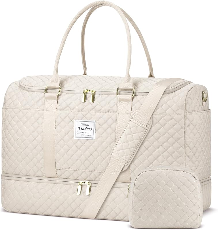 WINDARS Travel Duffle Bag, Weekender Bags for Women with Shoe Compartment, Overnight Bag with Toiletry Bag, Carry On Duffel Bags For Airplanes, Yoga Gym Duffel Bag, Beige