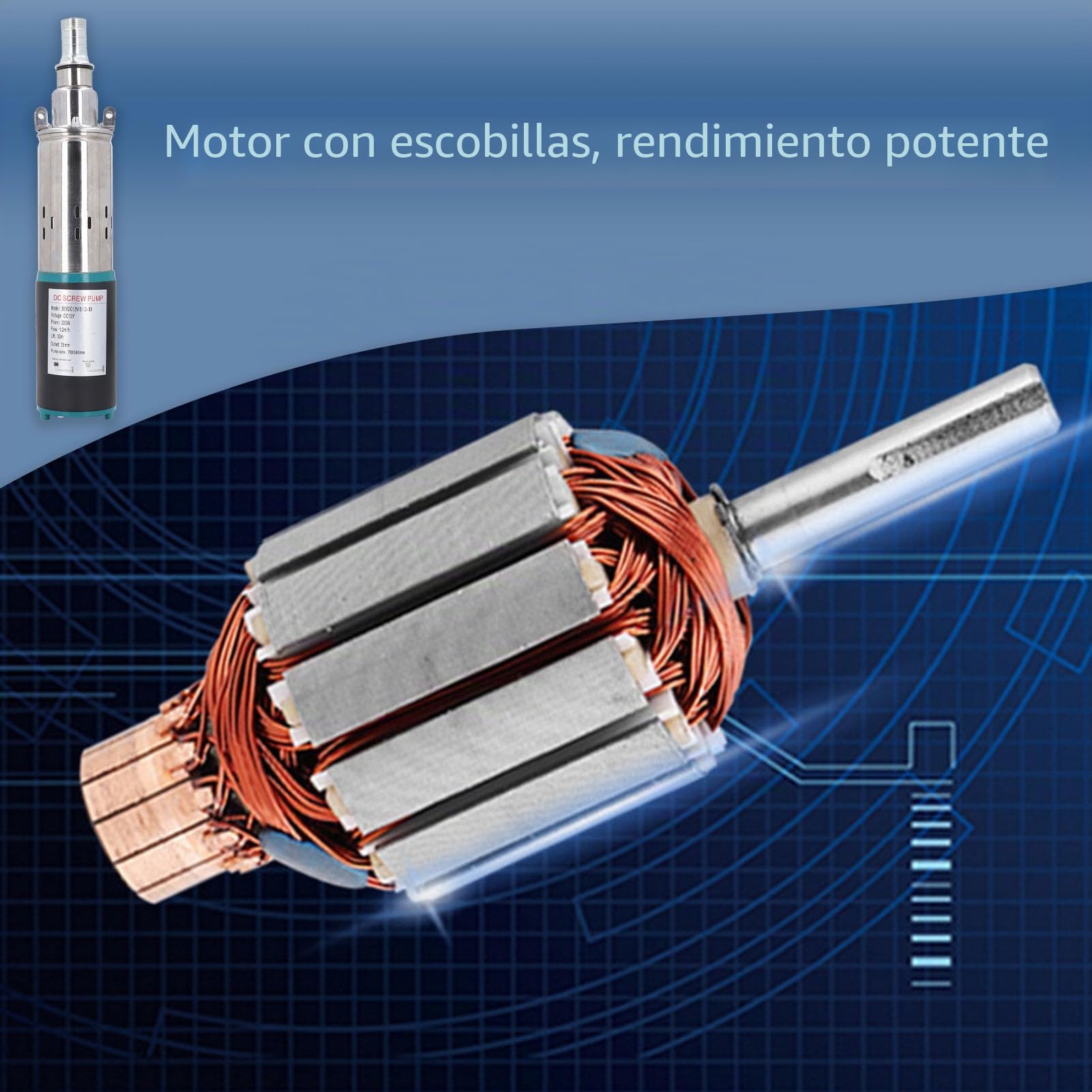 Bomba Solar para Pozo Profundo, 12 V, Acero Inoxidable, Tornillo, Sumergible, Corriente Continua, para Riego Agrícola, Estanque, Abrevadero, 30 M Altura, Caudal 1,2 M³/H