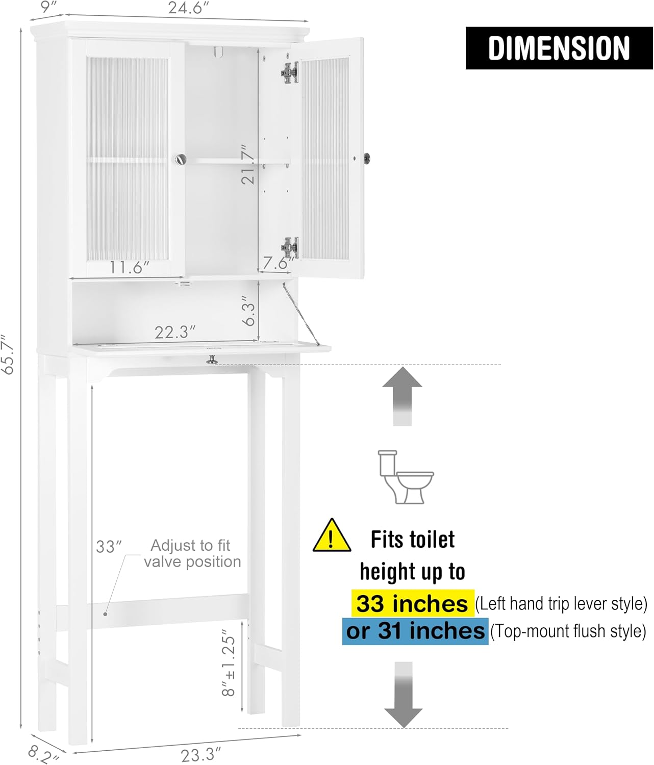 Spirich Over The Toilet Storage Cabinet with Muro Glass Doors, Over Toilet Bathroom Organizer with Tilt-Out Cube and Adjustable Shelf, White - Image 2