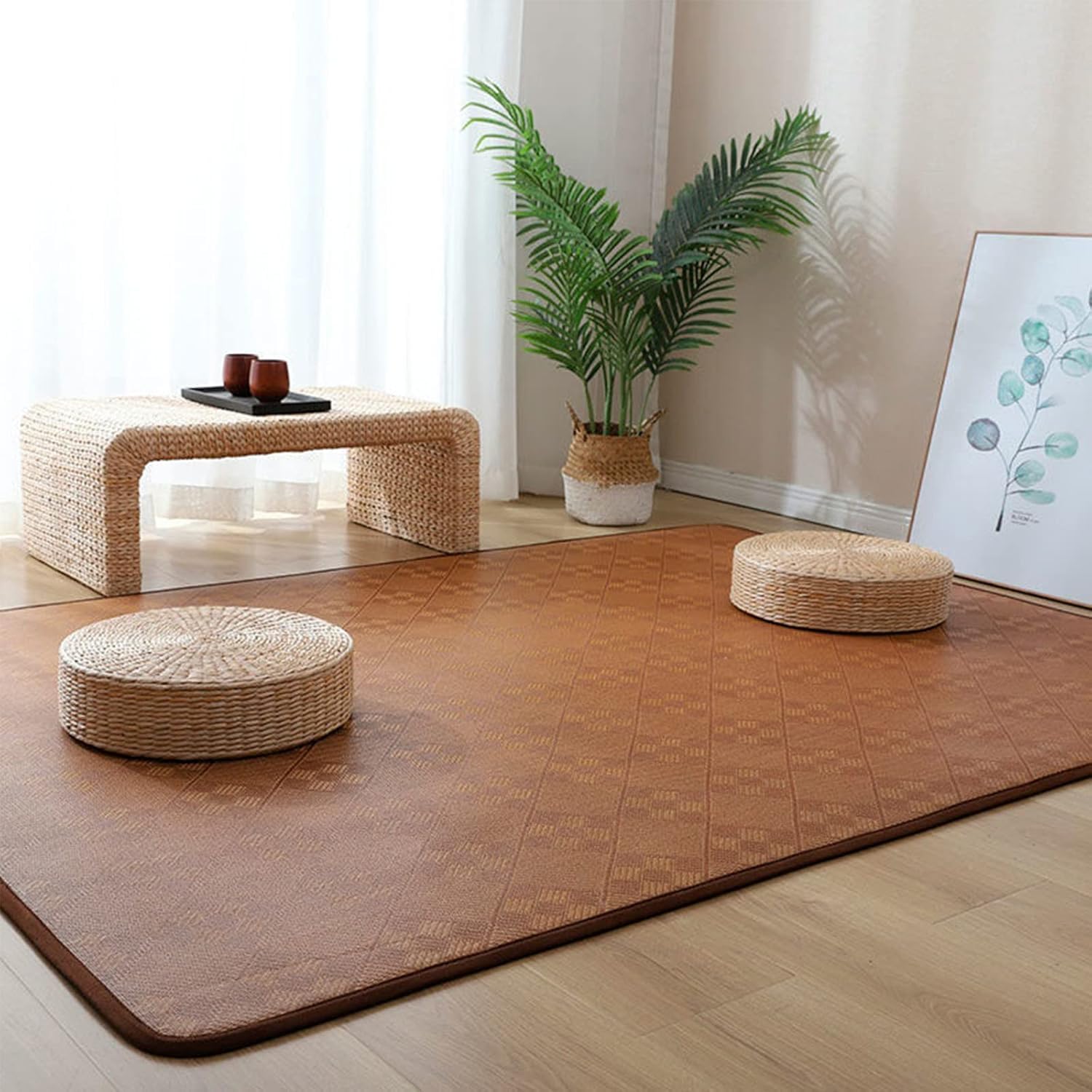 Tapis de sol antidérapant en rotin naturel contre la chaleur au salon