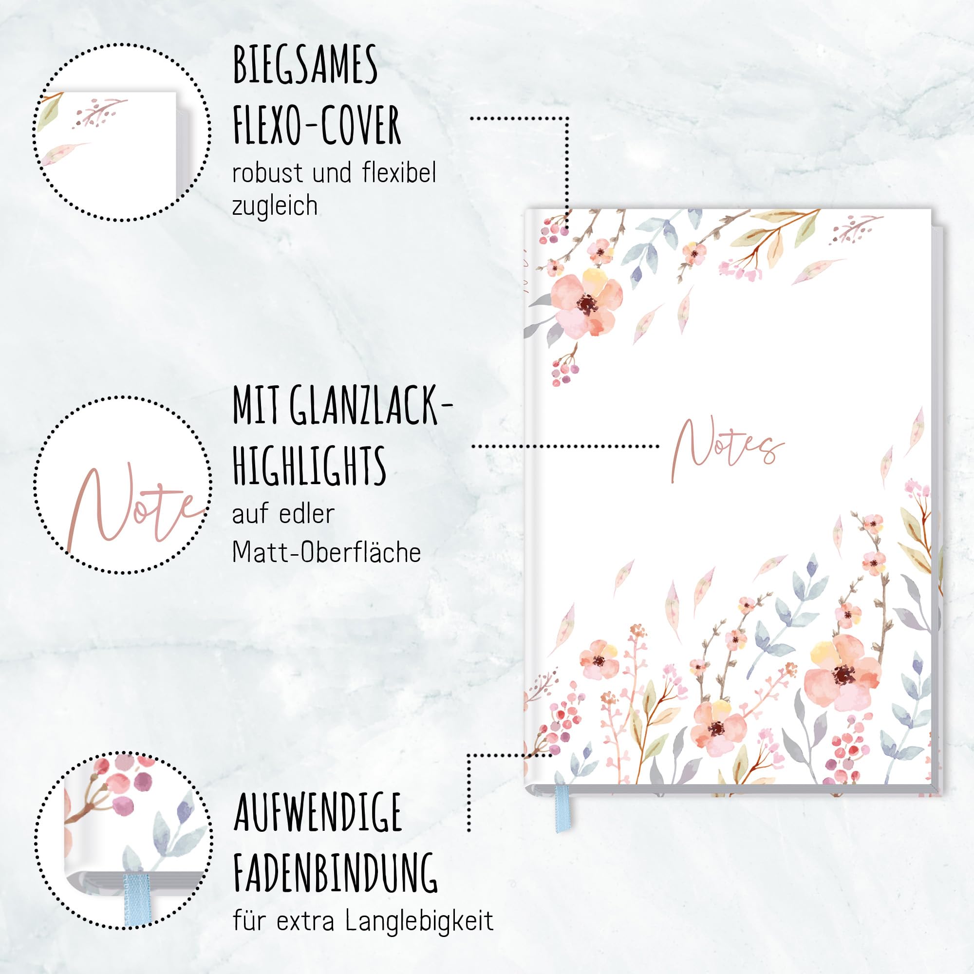 Carnet De Notes A5 Quadrillé Trendstuff - 124 Pages, Couverture Souple, Ruban De Lecture - Journal, Idées, Bullet Journal