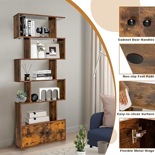 Miniatura 4 de STAKOL Estantería de 6 niveles con gabinete, estante independiente en forma de S con puertas, dispositivo antivuelco, estantería geométrica de