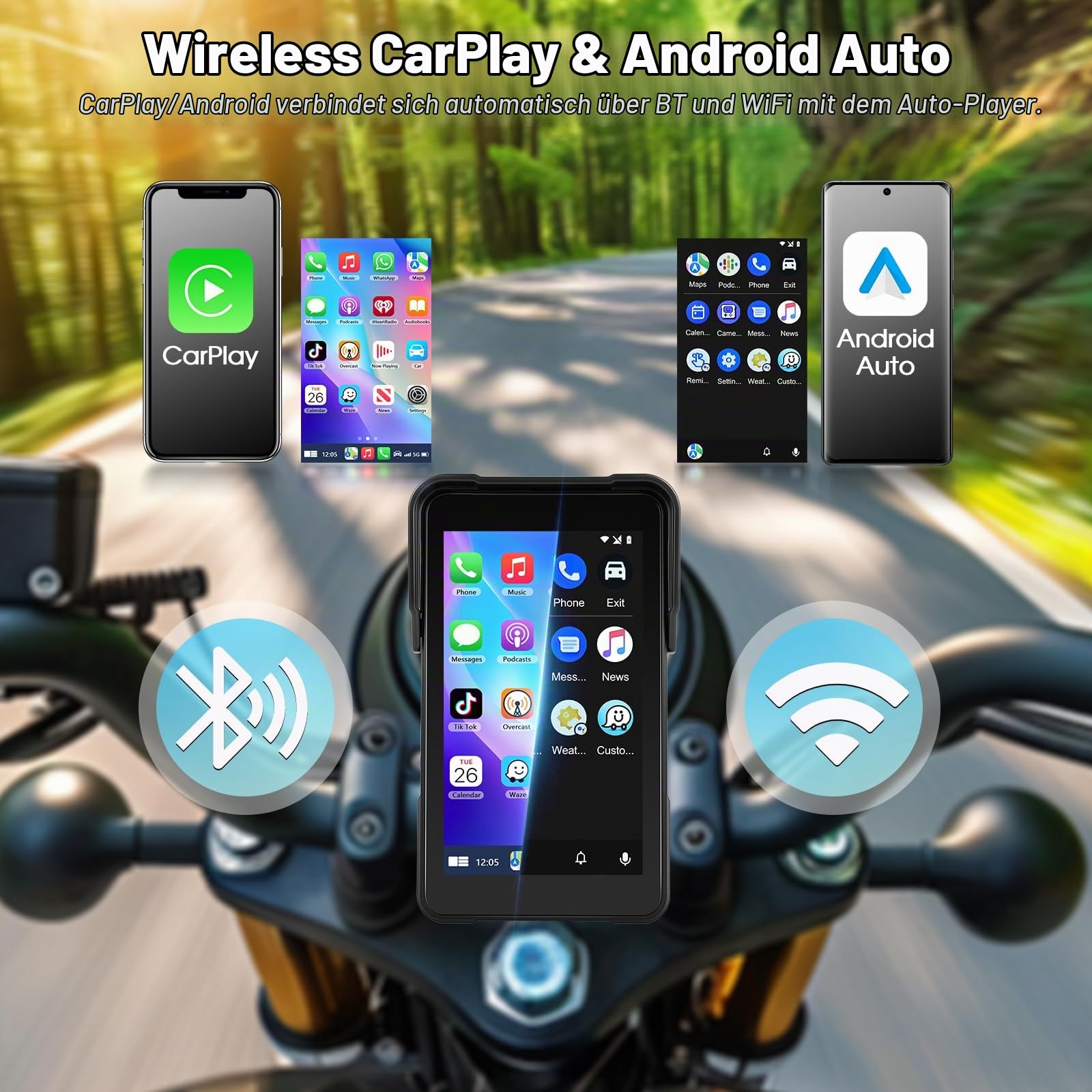 Motorrad Navigation mit Kabellosem A-pple Carplay Android Auto, Tragbares 5-Zoll-HD-Portrait-Touchscreen-Autoradio mit Bluetooth FM, IP68 Wasserdicht