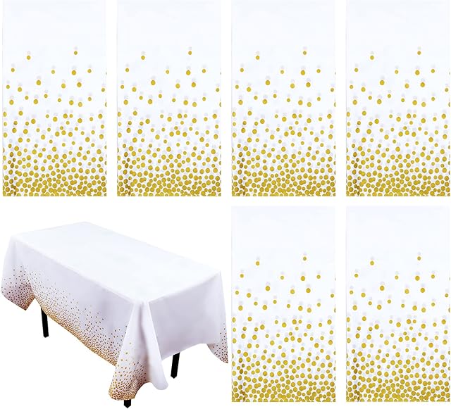 BANBAN 6 Pack Dot Tablecloths Table Covers Disposable Plastic Party Rectangle Table Cloths Disposable Gold Dot Confetti Table Cloths for Weddings Birthday Party 54x108in (Gold Dot)