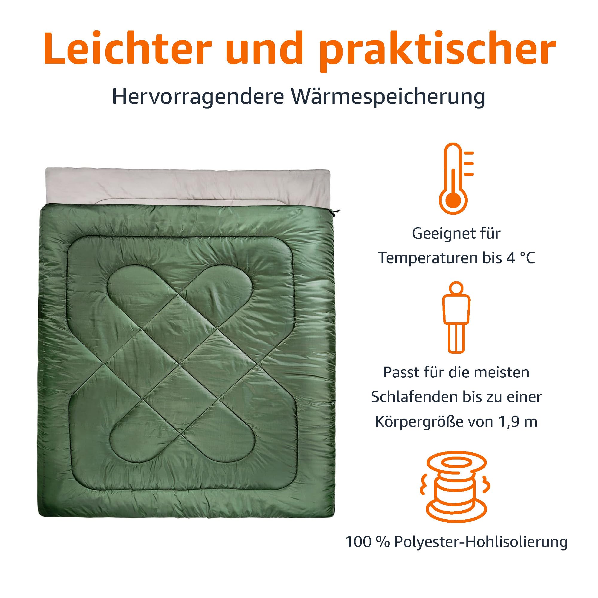 Amazon Basics Rechteckig Schlafsack für kaltes Wetter, zum Camping und Wandern, Queensize-Größe für Zwei Personen, Double, olivgrün