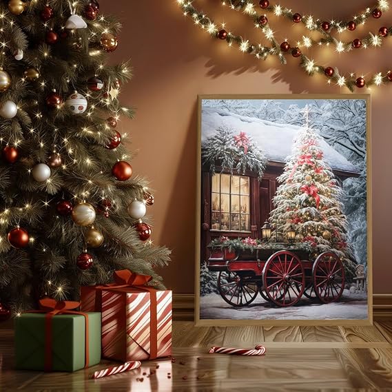 Yidepot Red Barn Canvas Wall Art: Christmas Rustic Red Truck Bathroom Decor Christmas Tree Pictures Winter Snow Scene for Holiday Decor Framed Ready To Hang (24x32x1 Panel)