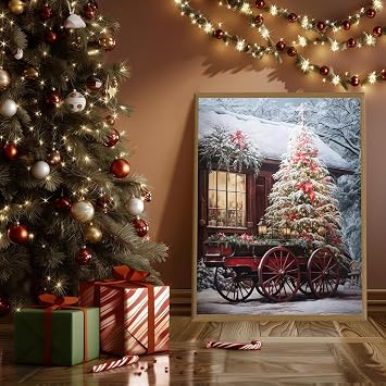Yidepot Red Barn Canvas Wall Art: Christmas Rustic Red Truck Bathroom Decor Christmas Tree Pictures Winter Snow Scene for Holiday Decor Framed Ready To Hang (24x32x1 Panel)