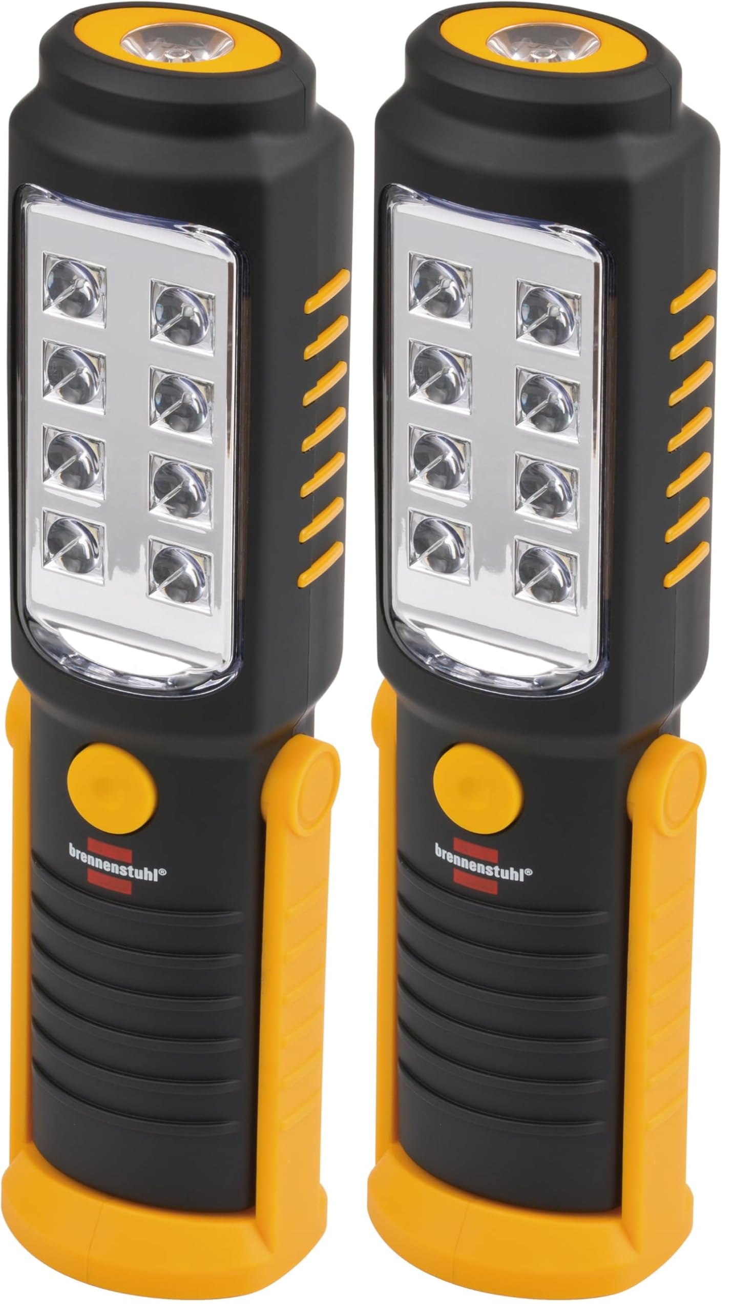 Brennenstuhl LED Taschenlampe mit Batterie/SMD LED Handleuchte mit 250+100lm (Werkstattlampe mit max. 10h Leuchtdauer, drehbarer Haken und Magnet) (Packung mit 2)