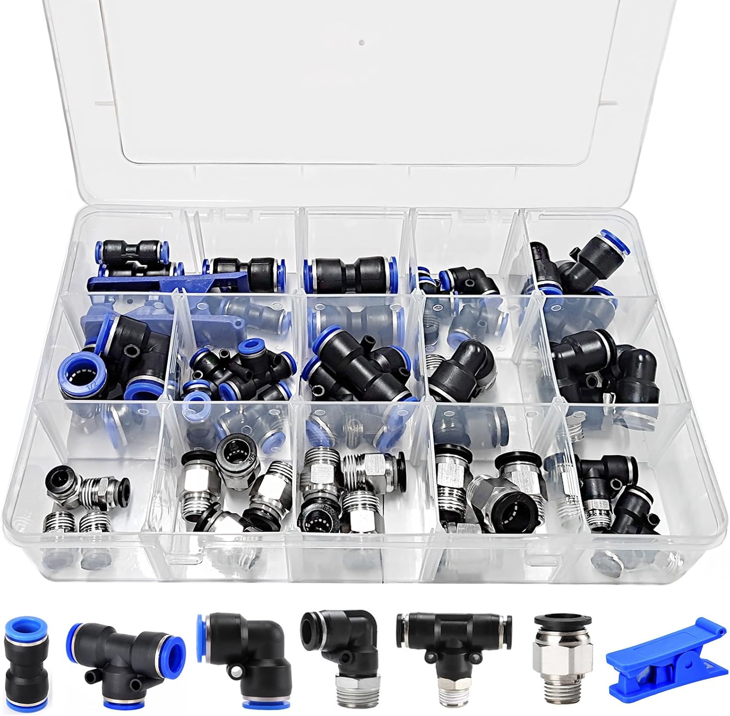46PCS Air Hose Fitting Kit, NPT Thread Push To Connect Fittings, Nylon Tubing 1/4, 3/8, 1/8, 1/2" Quick Connect, Air Line Fittings assortment kit for Automotive Car or Industrial Workshops