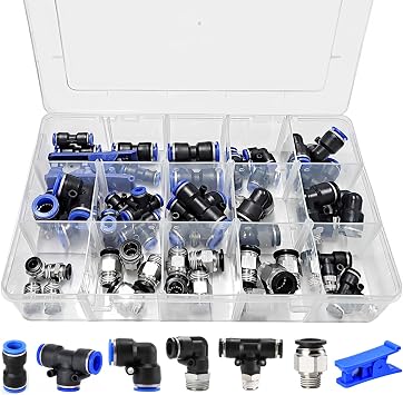 46PCS Air Hose Fitting Kit, NPT Thread Push To Connect Fittings, Nylon Tubing 1/4, 3/8, 1/8, 1/2" Quick Connect, Air Line Fittings assortment kit for Automotive Car or Industrial Workshops