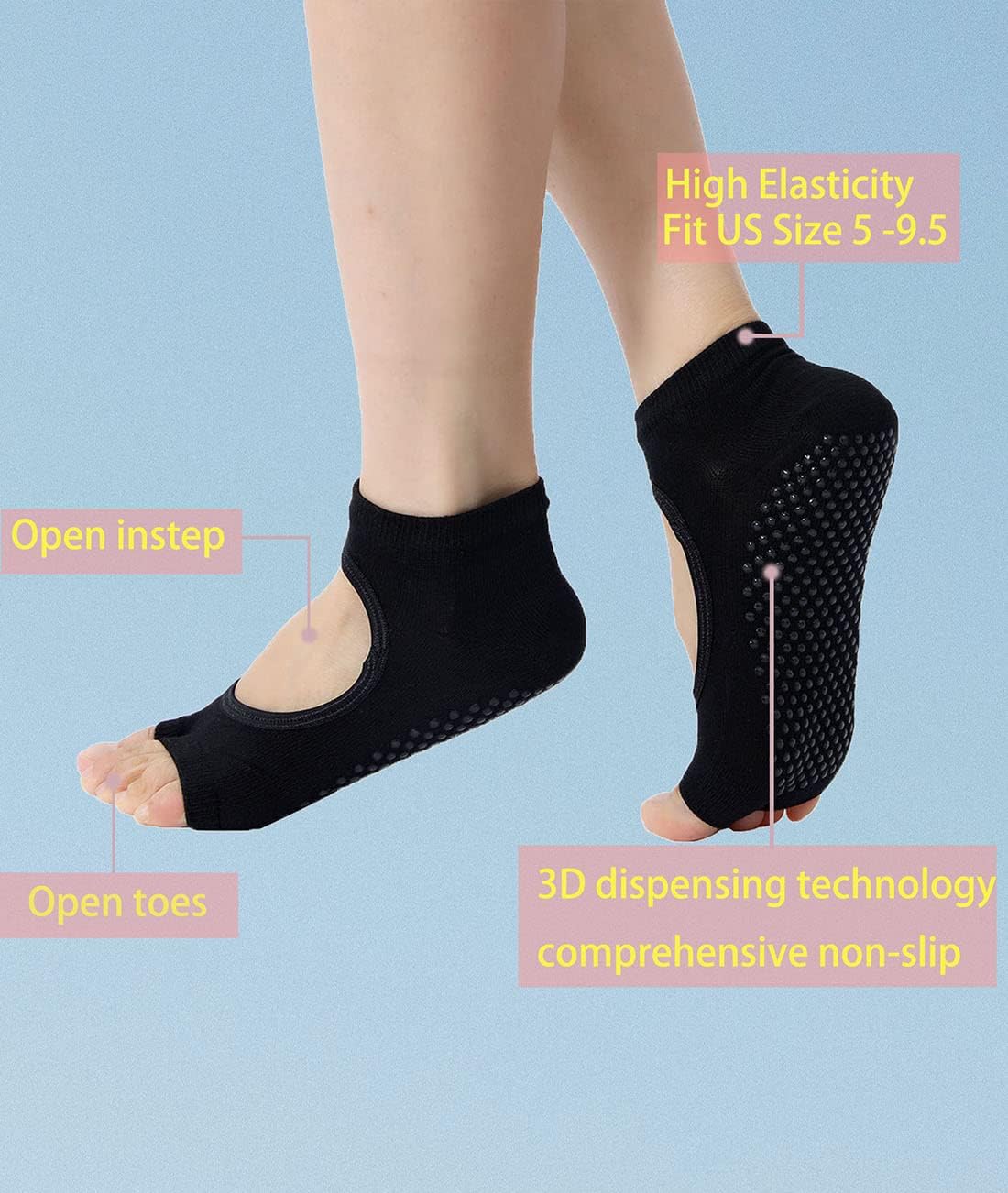LEMON GIRL 2/3 Pairs Non-Slip Yoga Socks for Women Toeless Pilates Socks Ideal for Yoga Pilates US 5-9.5