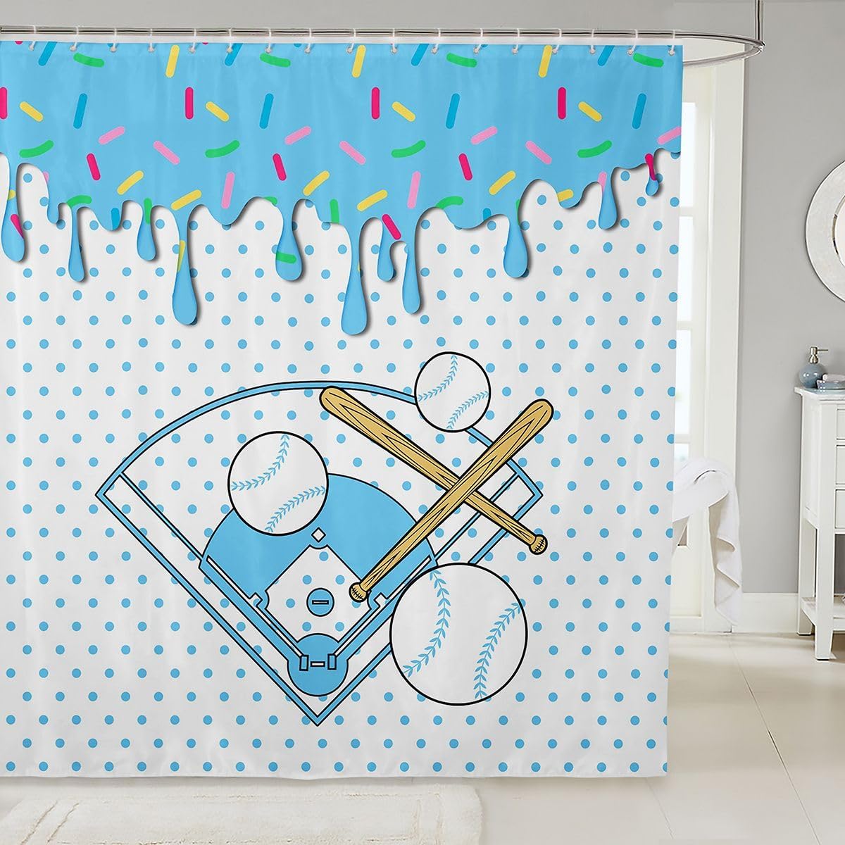 Erosebridal Ice Cream Baseball Bath Curtain 72" W X 72" L for Kids Girl Boy