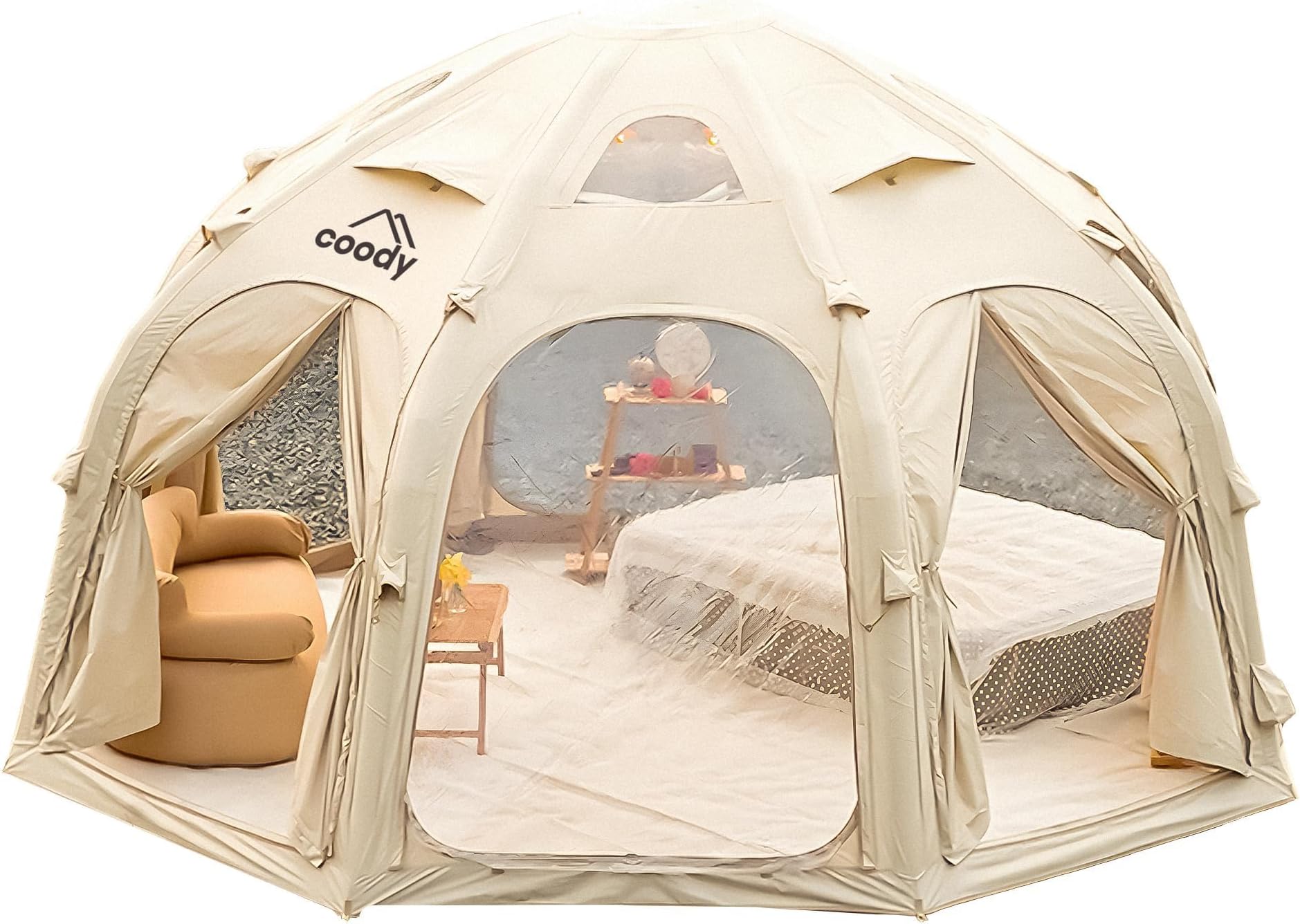 Coody Rbm Outdoors Aurora Dome Octopus Inflatable Tents for Camping with Stove Jack, 4 Season Glamping Outdoor Canvas House, Waterproof Easy Setup Canopy Screen Casa de Campaña (Beige)