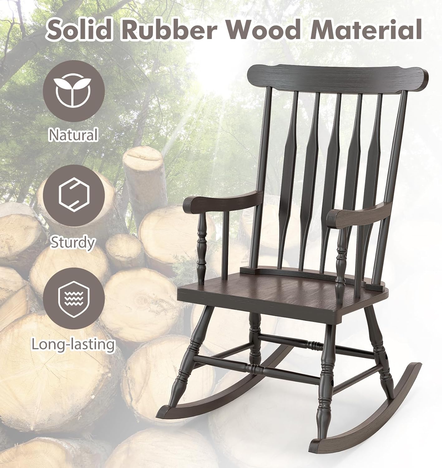 Tangkula Patio Rocking Chair Solid Rubber Wood, Outdoor Porch Rocker Chair with Rubber Wood Frame, Indoor Wooden Rocking Chair, Ideal for Garden, Backyard & Balcony (1, Espresso)