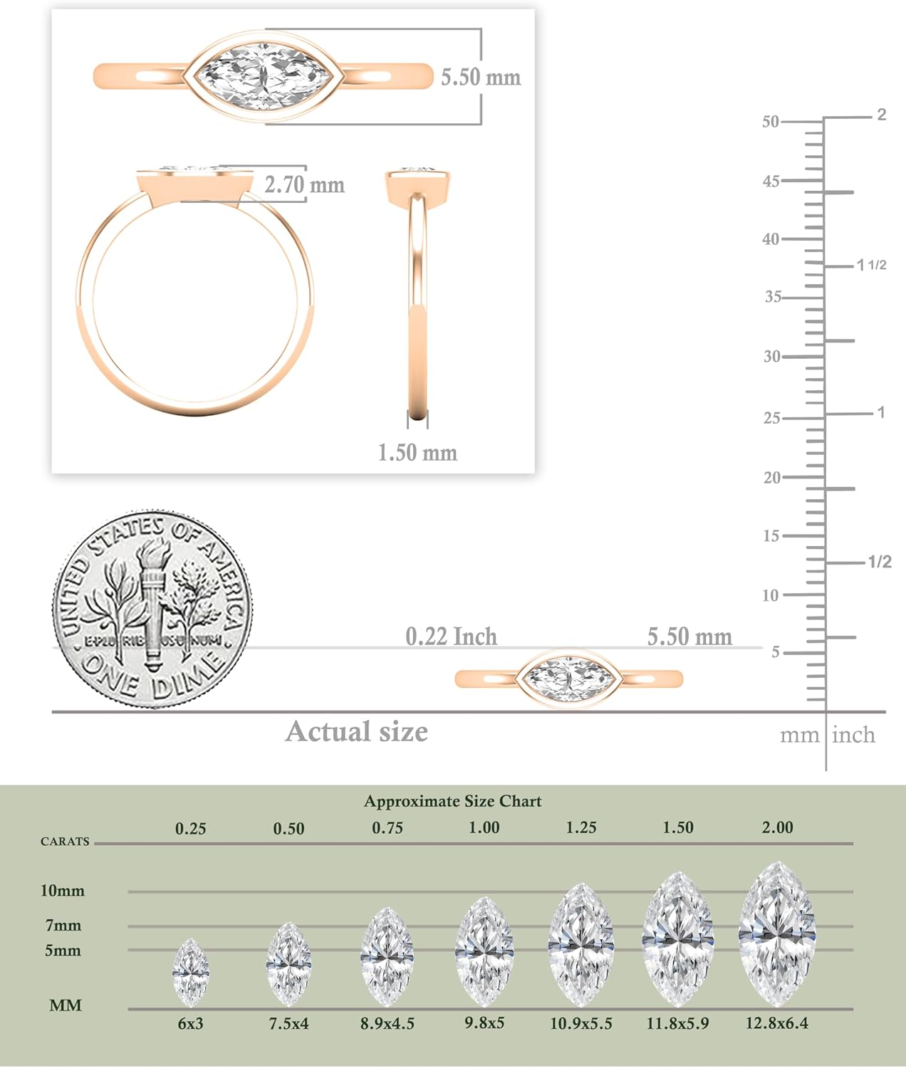 0.50 Carat Marquise Lab Grown White Diamond Solitaire Sideways Bezel Set Engagement Ring for Women in 14K Solid Gold