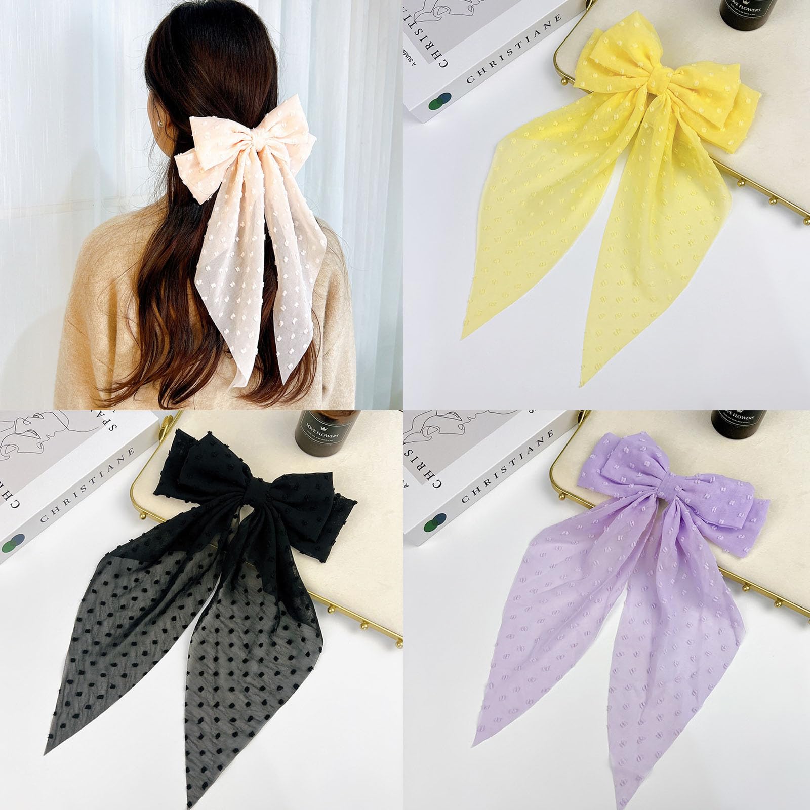 Ling & Bai 8 Inches Large Hair Bow Clip Big Long Tulle Layered Bows Barrettes Hair Accessories for Women Girls Teens (Blue) - Image 2