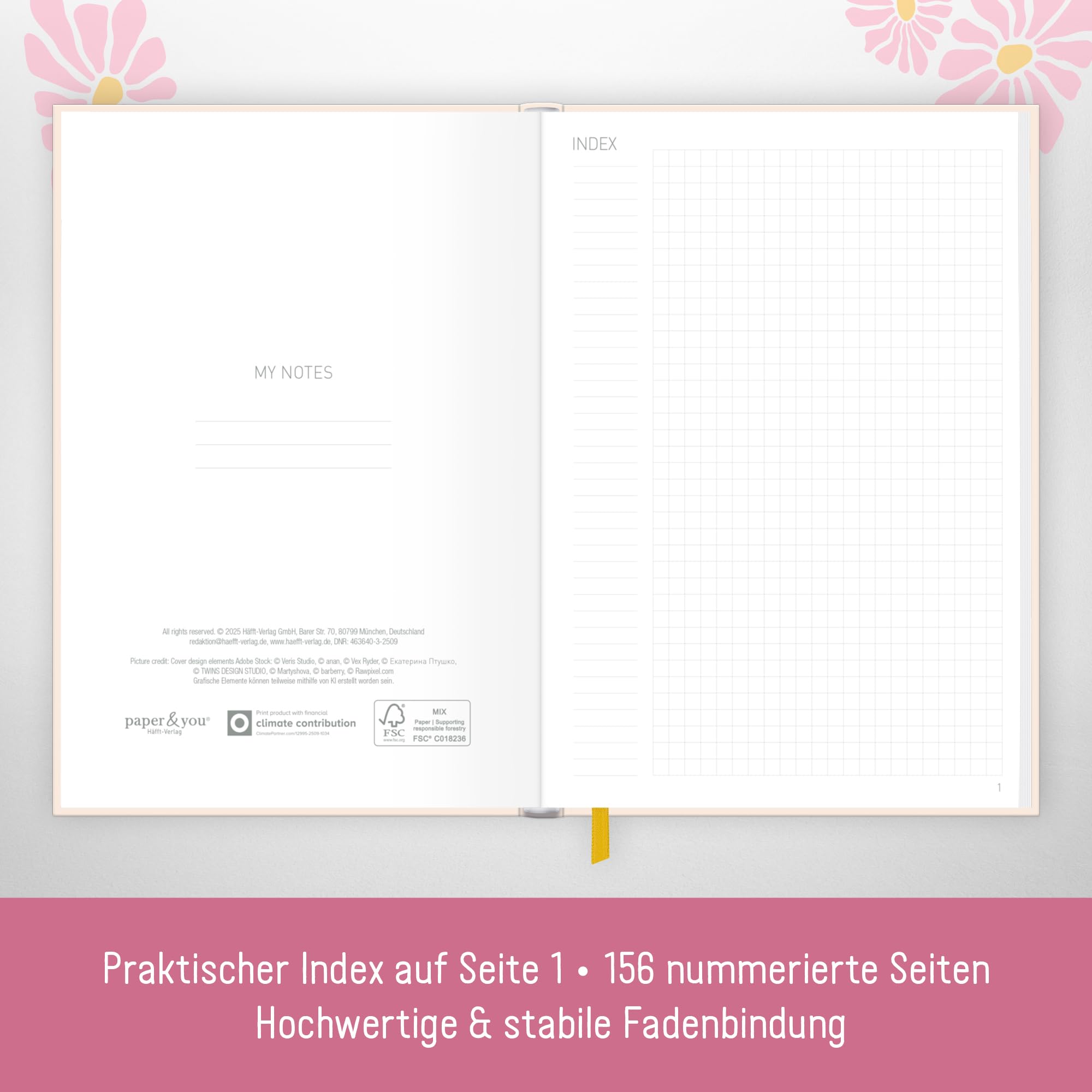 paper&you® notitieboek A5 gelinieerd met elastiek Flower Joy