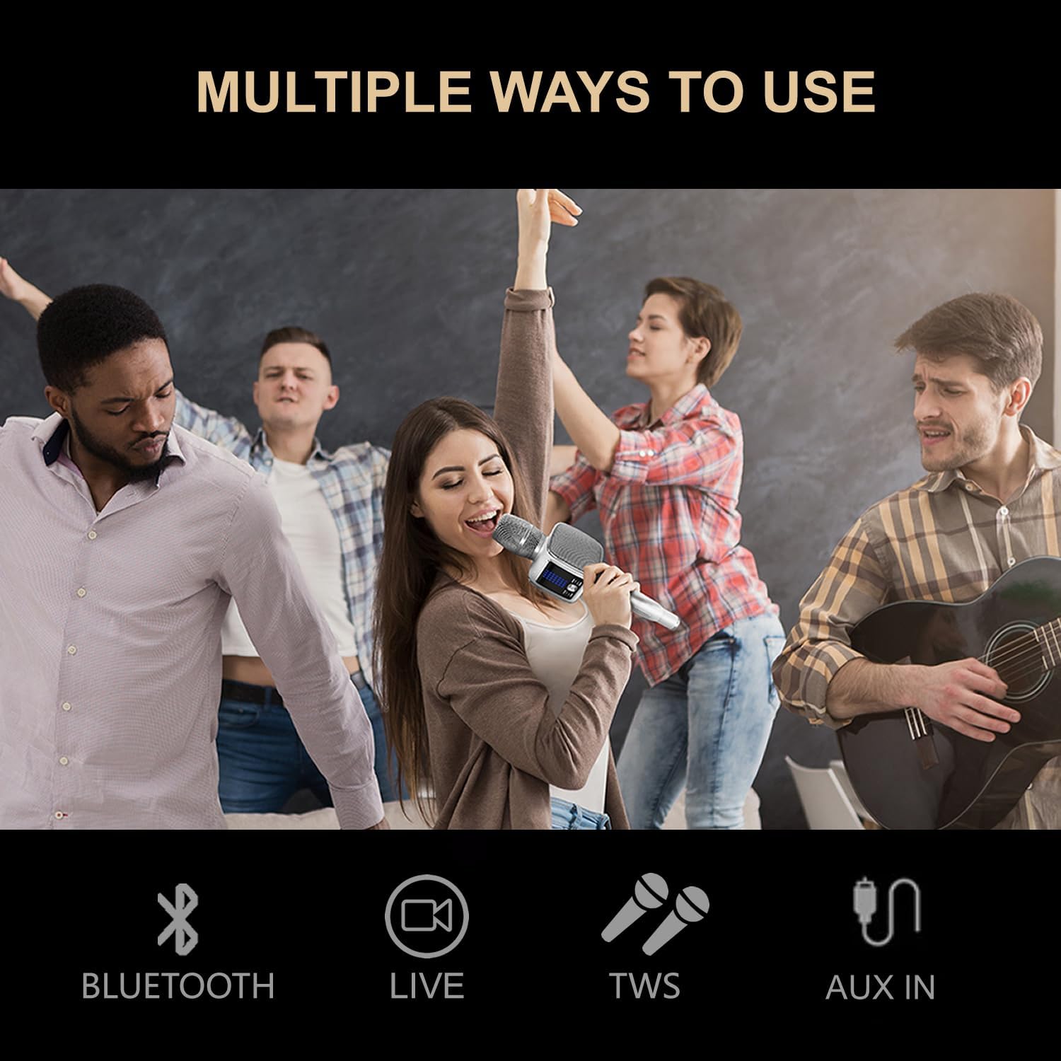 Diagram showing multiple ways to use the TOSING G7: Bluetooth, Live, TWS, and AUX In