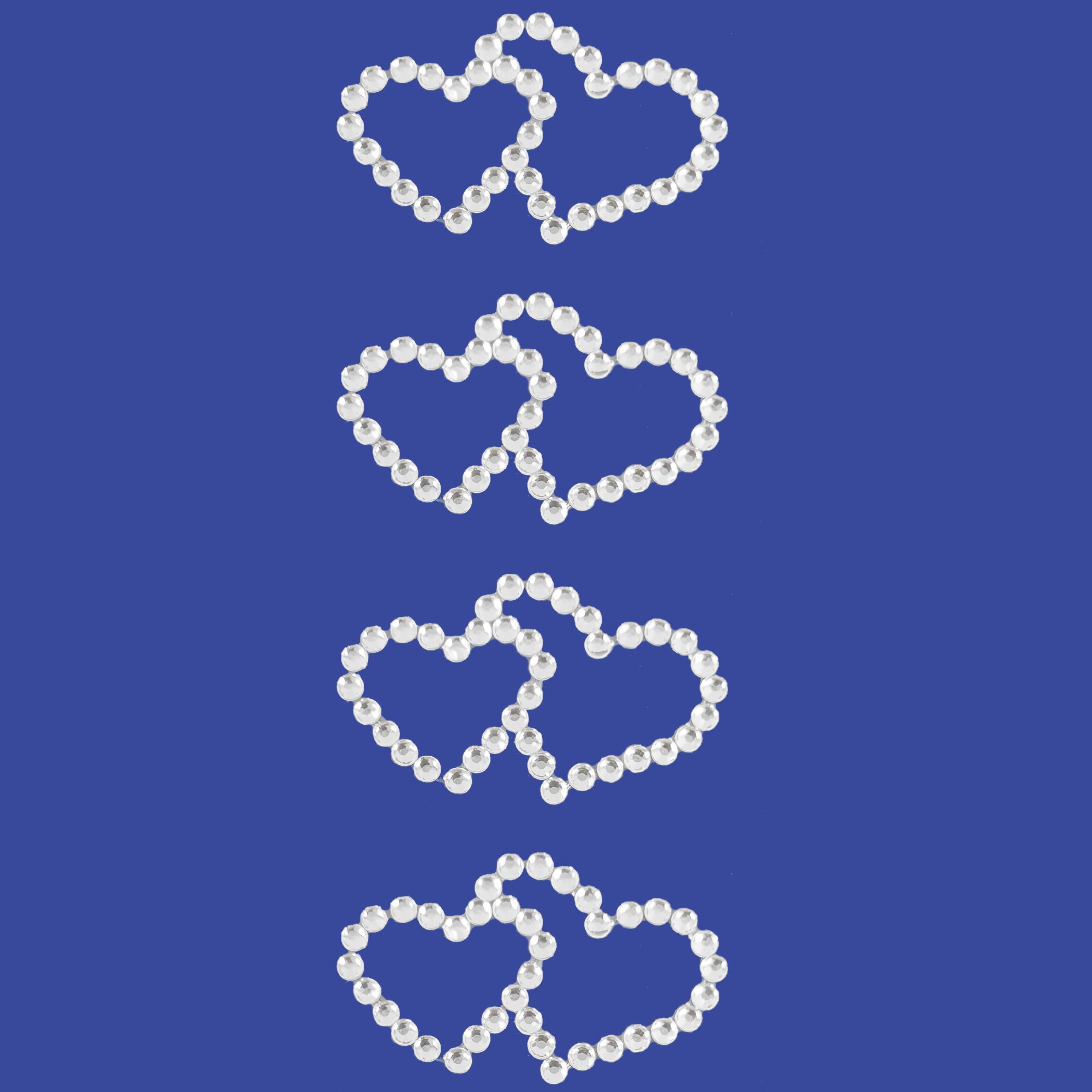 Pebble Eleven Silver 4Cm Diamante Double Heart Stickers – Self Adhesive 3D Love Heart Rhinestone Gem Craft Stickers, 4Pcs (Silver)