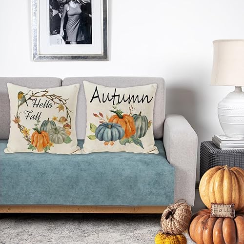 Miniatura 4 de Juego de 4 fundas de almohada azules de otoño de 18 x 18 pulgadas, fundas de almohada de Acción de Gracias, calabazas azules otoñales, fundas de