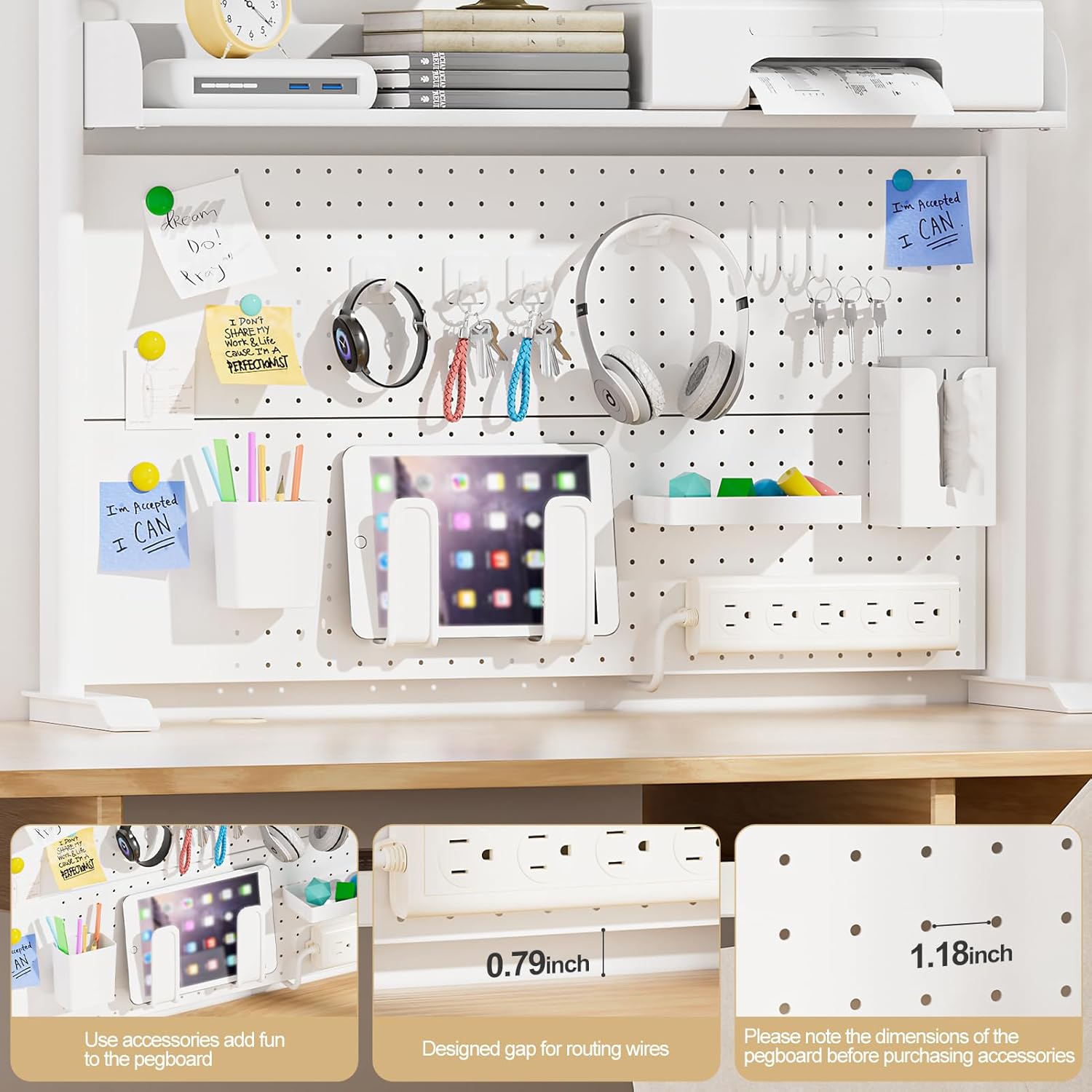 Adjustable Desktop Hutch Bookshelf, Desk Shelf Organizer with Pegboard and Thickened Metal Frame, 2 Tier Display Rack, Countertop Storage, Wood Bookcase for Home, Dorm or Office, White, 38.9" W