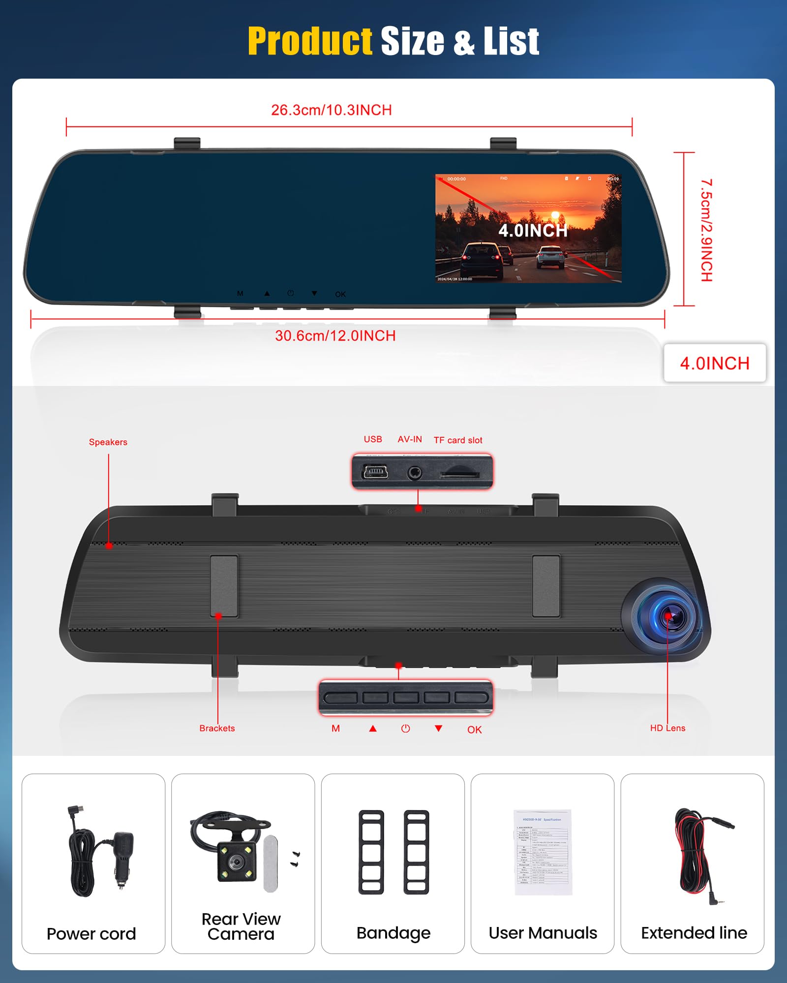 OiLiehu Cámara Salpicadero 1080P HD con Pantalla Táctil 4,0 Pulgadas, 480P Cámara Visión Trasera, Grabación en Bucle, Asistente de Marcha Atrás, Detección de Movimiento, Rotación de Lentes