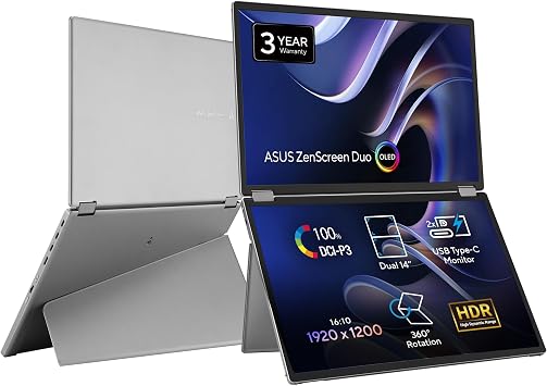 ASUS Portable Monitor / ZenScreen Duo OLED MQ149CD / 360  Folding / 14" x 2 Screens / 1610 / 1920 x 1200 FHD / OLED Panel / DCI-P3 100% / Delta<2 / Dual USB Type C / Mini-HDMI / Kickstand / Tripod Screw Hole