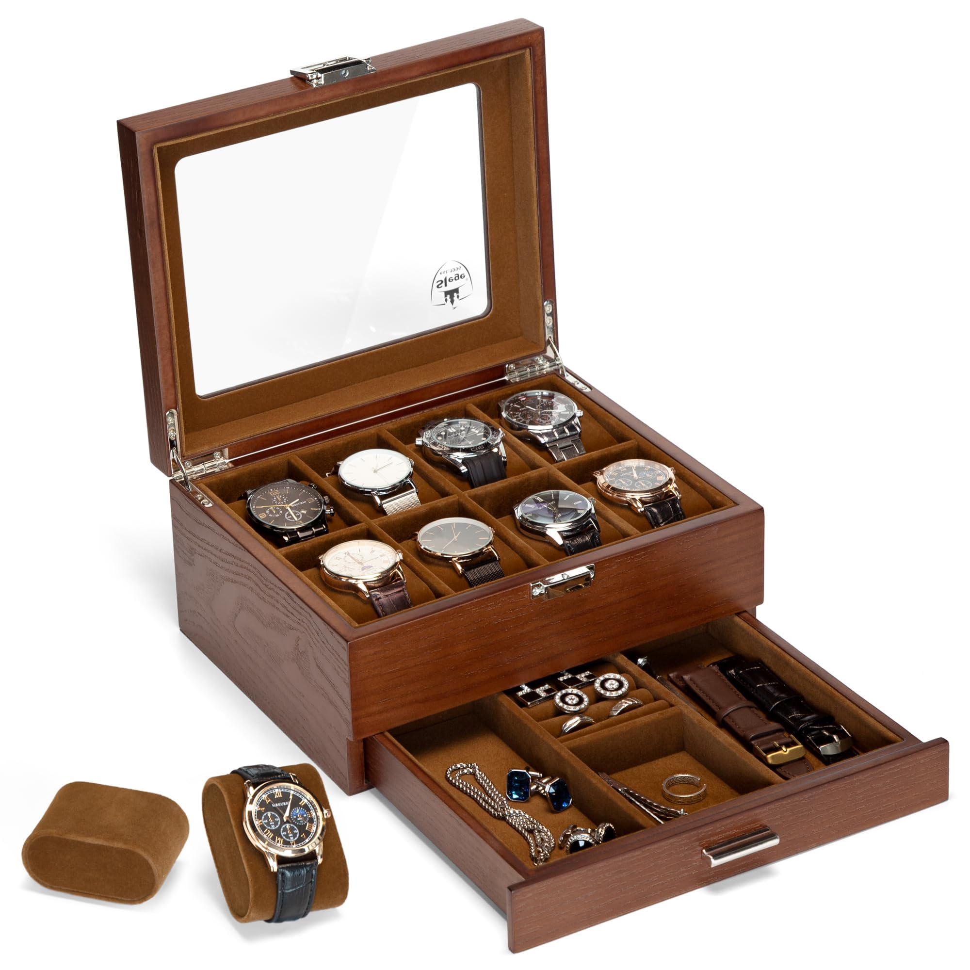 Slege Wooden Watch Box with 8 Compartments, Watch Box Glass Lid, 2 Levels, Watch Case for Men, Watch Storage for Watches, Jewellery Box, Watch Box Organiser for Men and Women, for Rings, Gift Idea