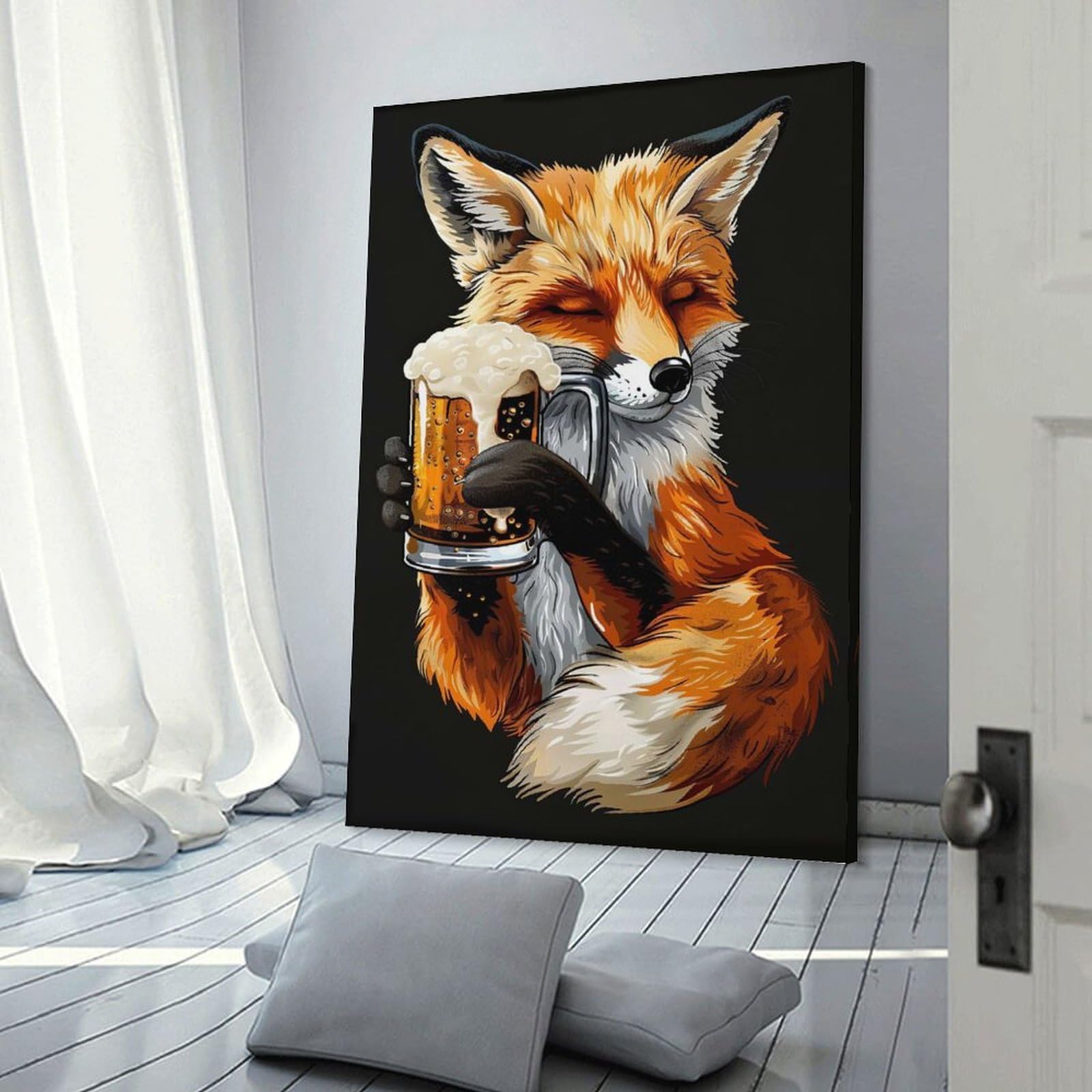 Junmoney Frame-Style-17-1 Red Fox Beer Decorative Wall Artwork, 24X36inch(60X90cm), For Home Lounge, Bedroom Or Reading Nook, Easy Decor For Gallery Walls