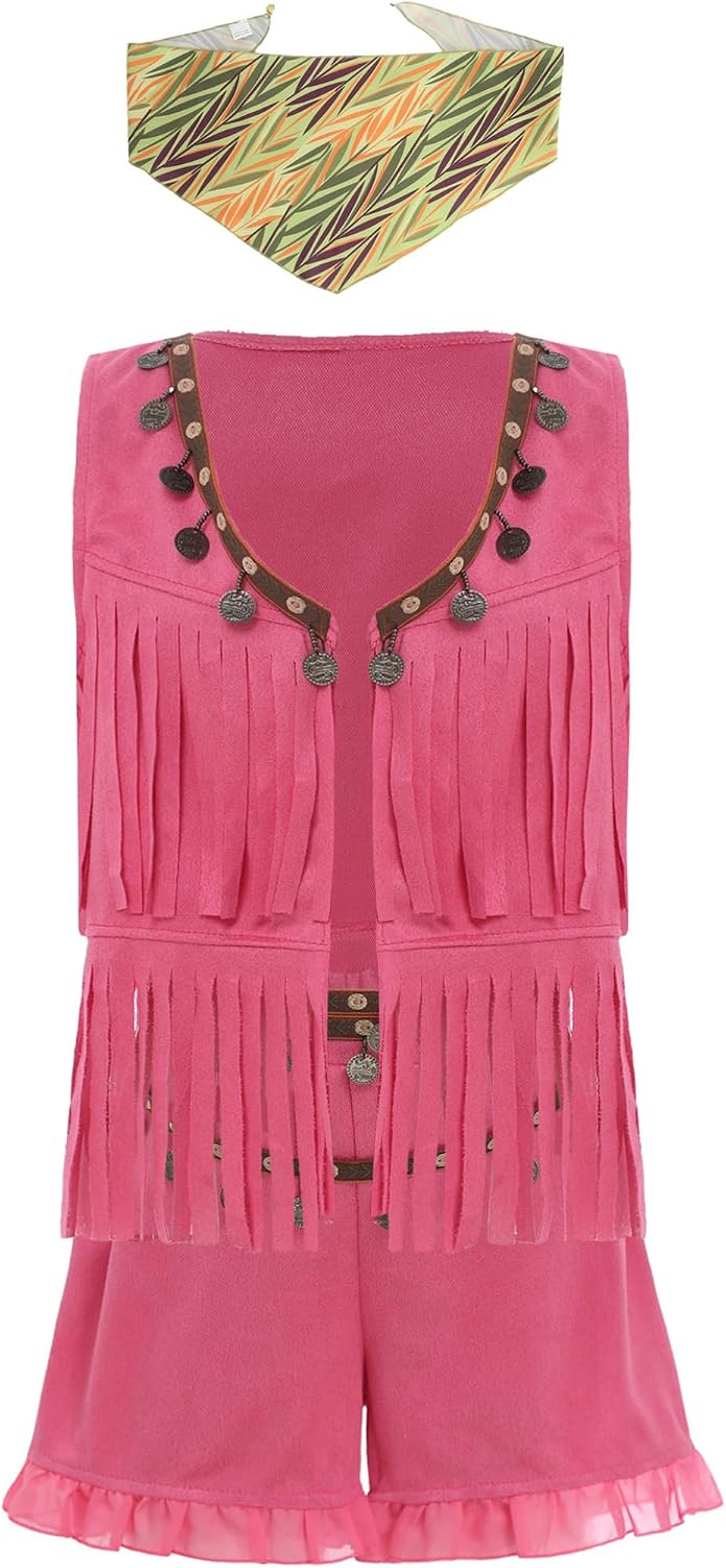 Girls Wild Western Cowgirl Sleeveless Tassel Bohemia Style Vest with Shorts Headscarf Daily Casual Wear Hot Pink 5-6 Years