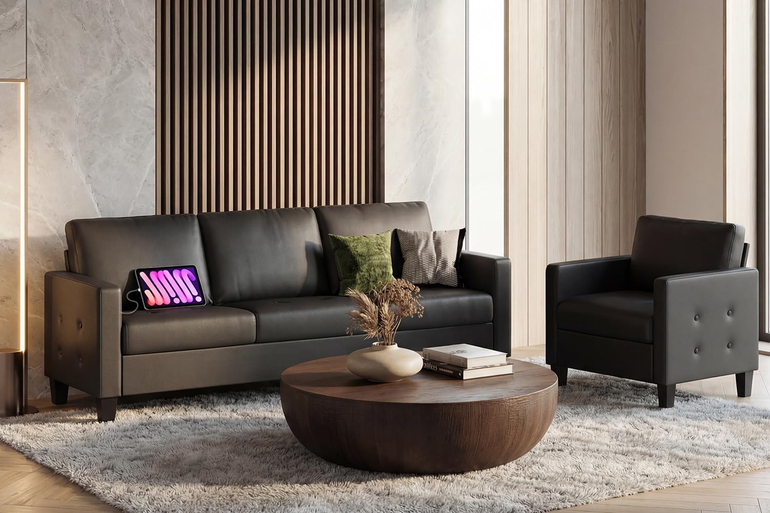 STHOUYN Black Faux Leather 3 Seater Sofa and Accent Chair, Modern Comfy Office Furniture Set, Small Loveseat Couch with Tufted Armrest and USB, 2 Pieces Living Room Furniture Sets (3+1)