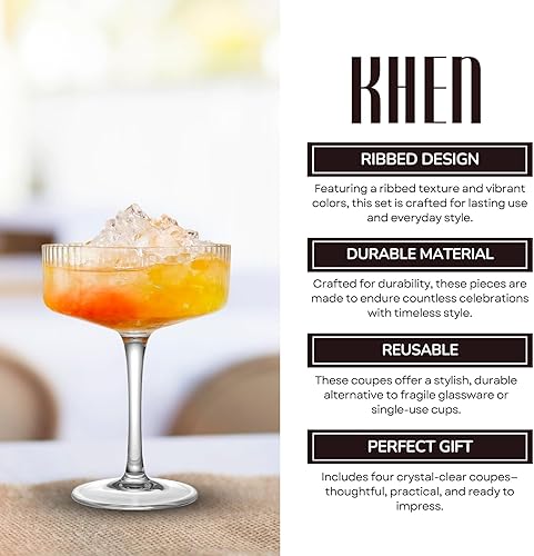 Miniatura 5 de Juego de 4 vasos de copa vintage acanalados de 11 onzas, 100% cristal, copa de Martini única, cristalería de cóctel clásica, juego de vasos de bar