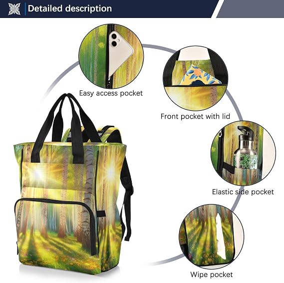 Diaper Bag Backpack, Sunlit Birch Grove Baby Diaper Bag - Waterproof Multifunction Travel Diaper Bag with Pacifier Case, Stroller Straps & Insulated Pocket - Unisex