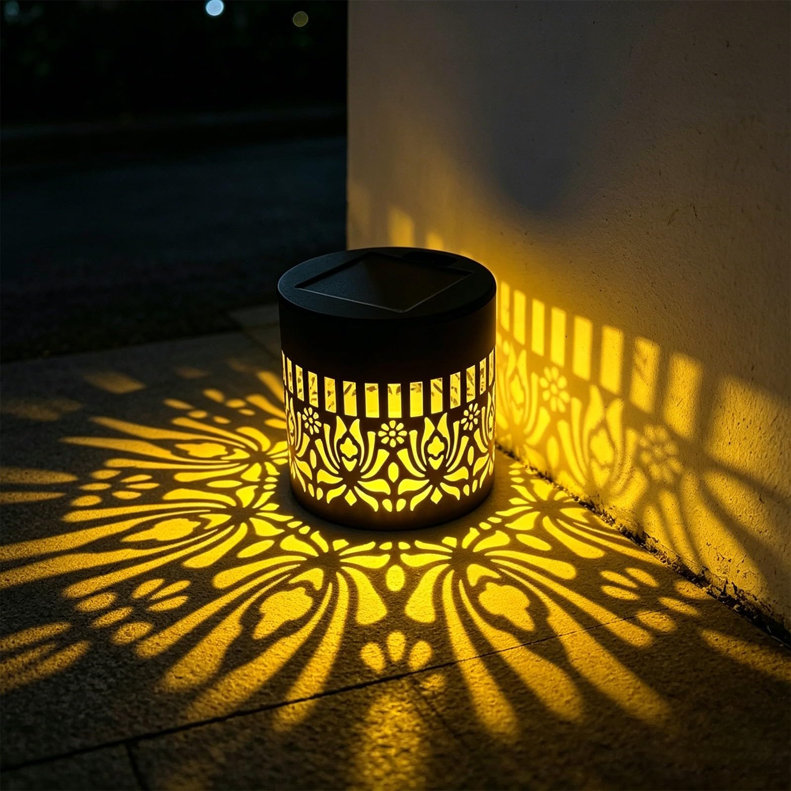Solar Mandala Projection Wall Lights, Solar Powered Outdoor Fence Patio Garden Decor Lamp with 7 Colour Changing Metal Projector Wall Light, Colorful Wall Projection Lamp (Yellow-B)