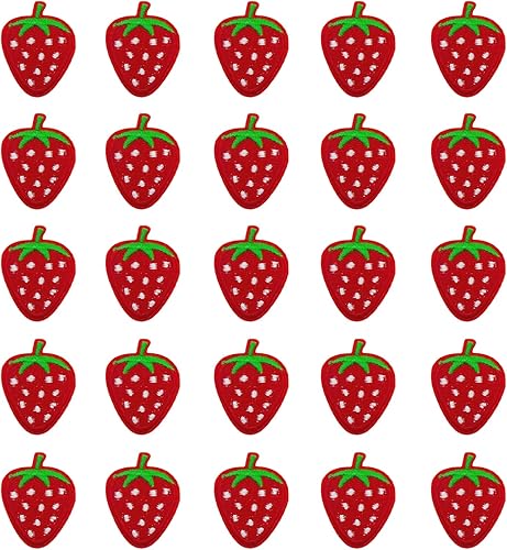 DANUDON 25 parches de fresas para planchar, bonitos apliques de fresa roja para planchar, parches para bordar frutas, parches de tela decorativa