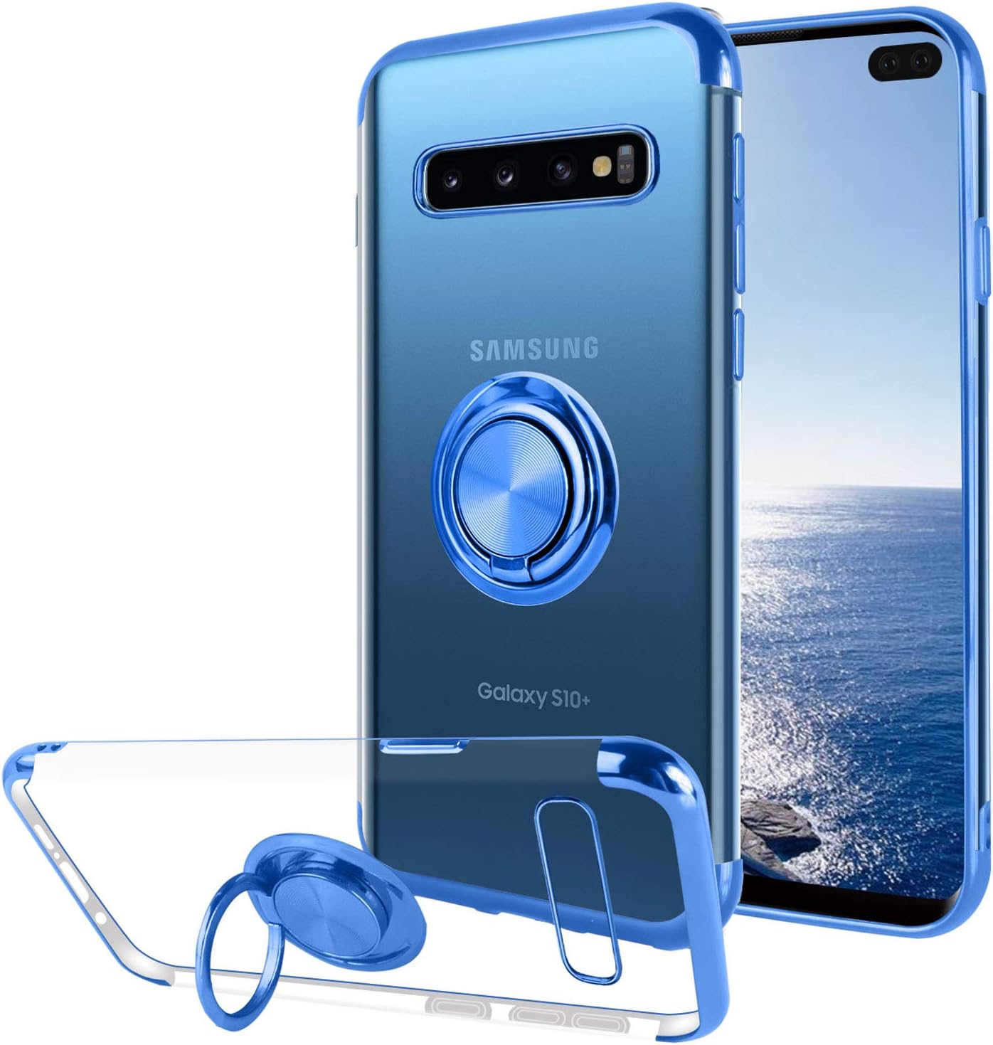 Ownest Compatible with Samsung Galaxy S10 Plus Case （6.4 inch） with Built-in 360 Rotatable Ring Kickstand Fit Magnetic Car Mount and Clear Soft Slim TPU Protective for Samsung Galaxy S10+-（Blue-6）