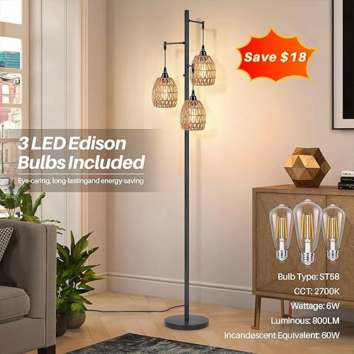 Miniatura 3 de Lámpara de pie con 3 bombillas LED de edición, lámpara de pie alta de granja para sala de estar, regulable industrial rústico gris, árbol brillante,