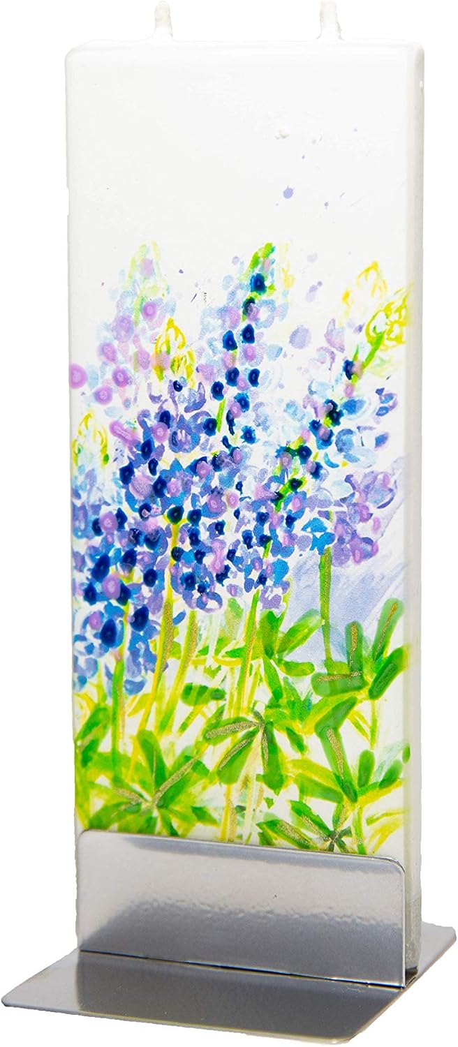 Flatyz Hand Painted Flat Candle | Unscented, Dripless, Smokeless, Decorative | Texas Bluebonnet Flowers | Double Wick with Metal Base | Unique Gift Idea and Home Décor Accent