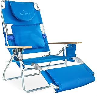 Ostrich Deluxe 3-in-1 Reclining Beach Lounge Chair with Patented Face Cavity, Blue - Extra Wide Folding Lounger