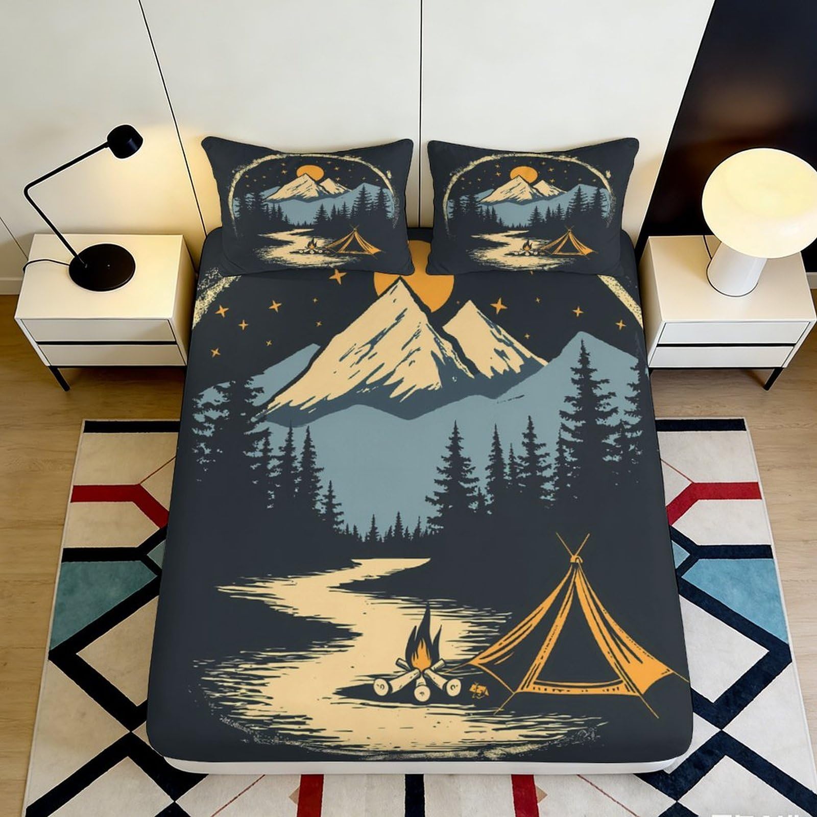3D Printed Mountain Landscape Fitted Sheet Microfiber Soft Durable Campfire Bed Cover for Bedroom Dormitory Guest Room Mattress Protection 180x200x25cm
