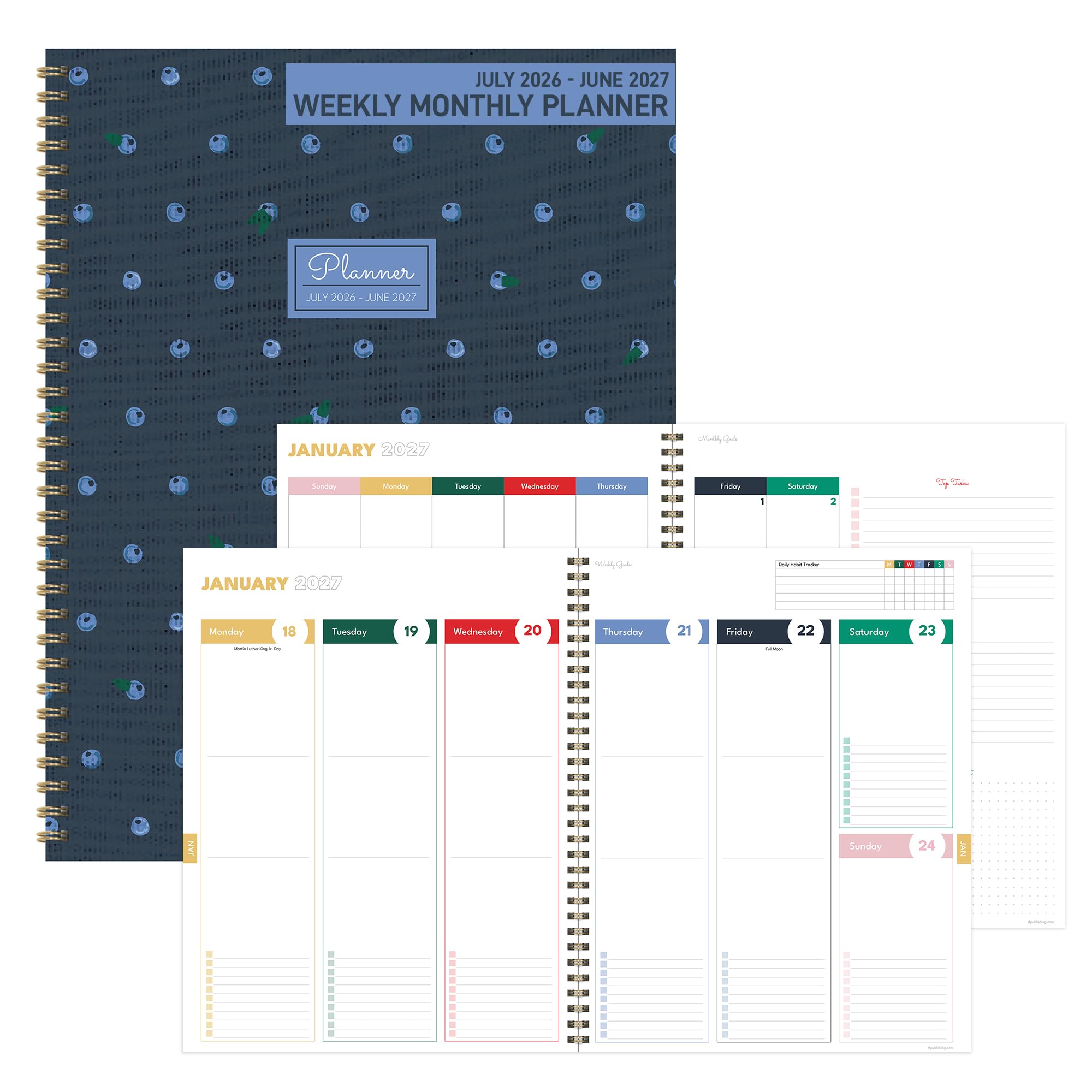TF Publishing Agenda settimanale mensile da luglio 2026 a giugno 2027, grande, 12 mesi, con copertina resistente, carta bianca spessa, design colorato e adesivi per la pianificazione, 22,9 x 28 cm
