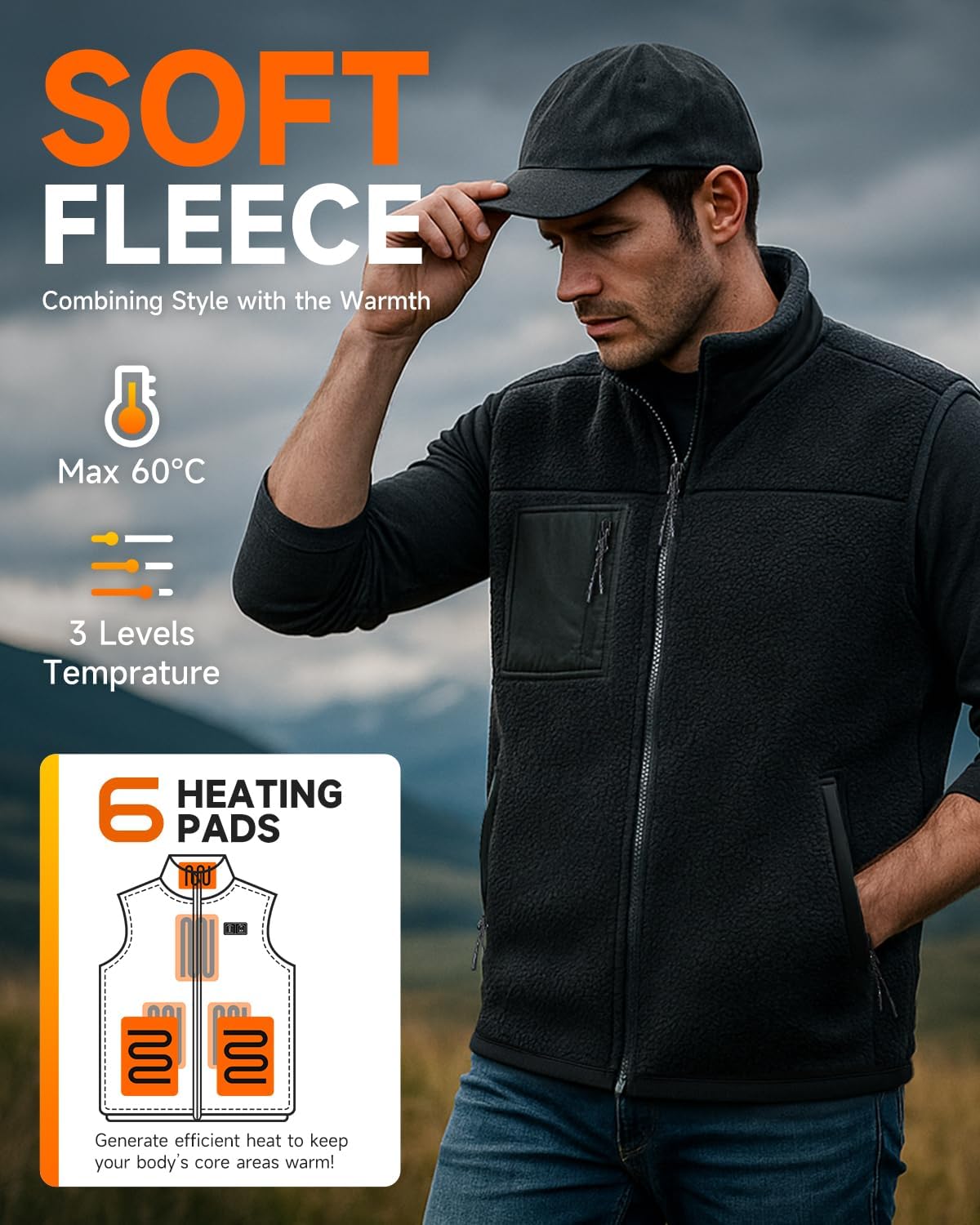 LABCOOL Polar Fleece Heated Vest USB Rechargeable With 10000mAh Battery pack,3 Heat Levels Washable electric Vest - Image 4