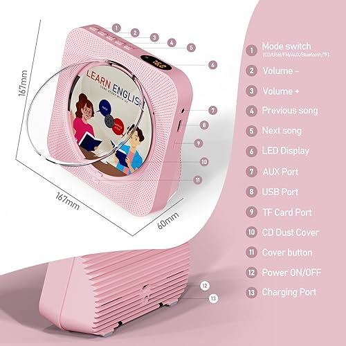 Miniatura 7 de Reproductor de CD portátil con Bluetooth 5.1 Reproductor de CD de escritorio con altavoces de sonido de alta fidelidad, control remoto, cubierta