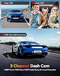 Dash Cam Front and Rear Inside Camera, 1080P 3 Channel Dashcams for Cars with 64GB Card, Super Night Vision Dashcam, Car Dash Camera with Loop Recording, G-Sensor, WDR, 24H Parking Monitor