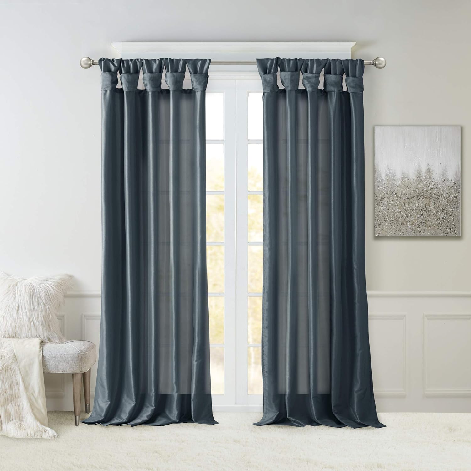 Madison Park Emilia Faux Silk Single Curtain with Privacy Lining, DIY Twist Tab Top, Window Drape for Living Room, Bedroom and Dorm, 120"L x 50"W, Teal