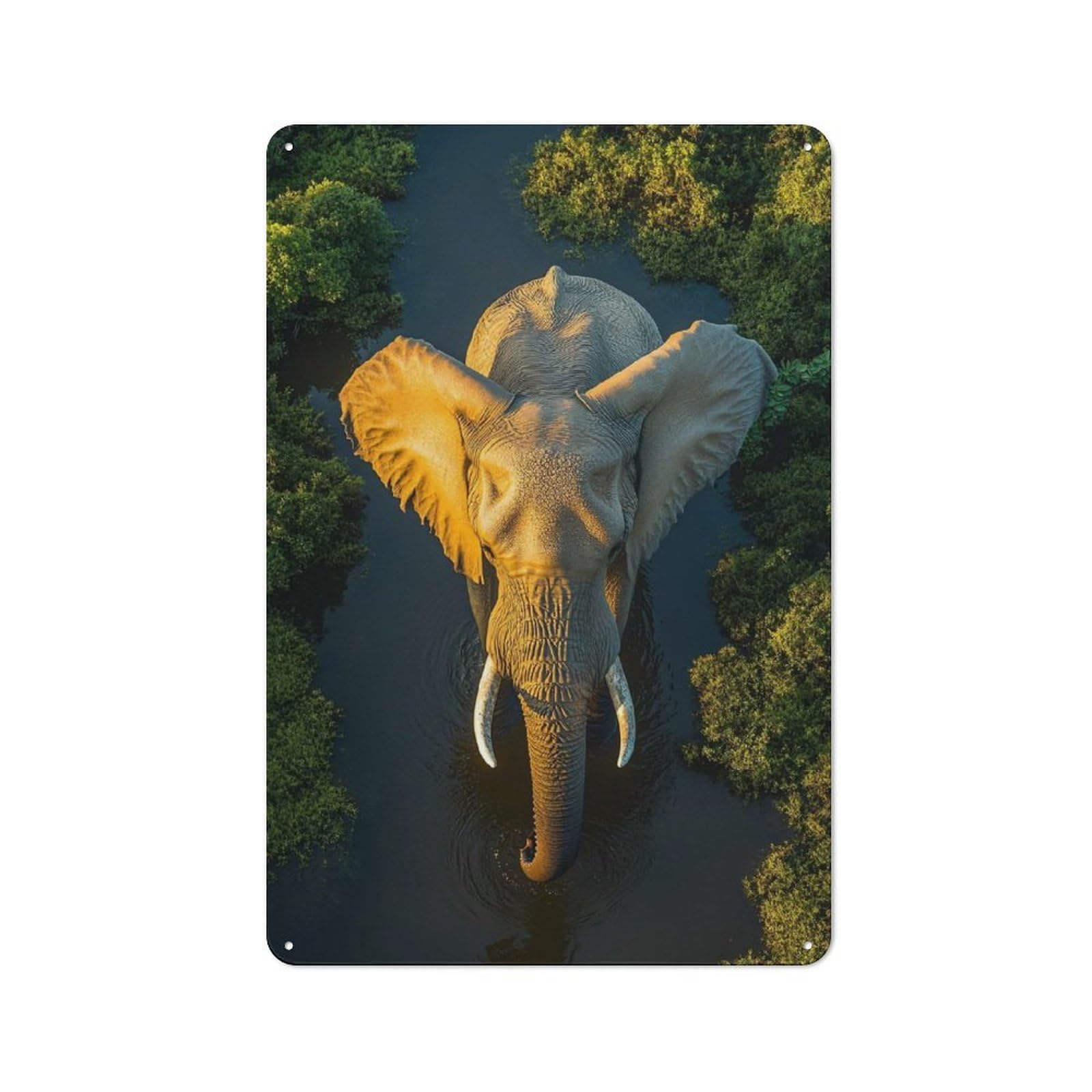Junmoney Style-10 Metal Sign 30X20cm With Elephant In River, Aerial View For Hallway Wall, Retro Decor, Gift For Hallway Decor Lovers During The Christmas Season