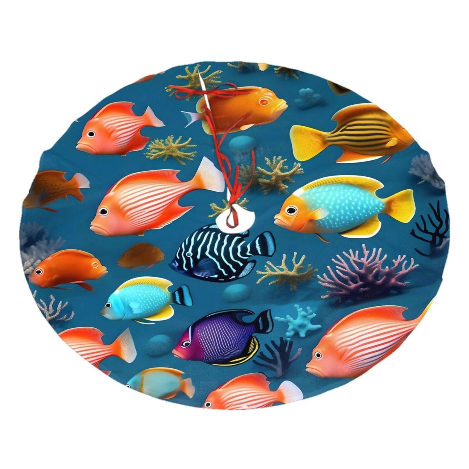 Submarine Reef Fish Printed Christmas Tree Skirt Christmas Plush Tree Skirt 36 inches (about91 cm) ChristmasIndoor and Outdoor