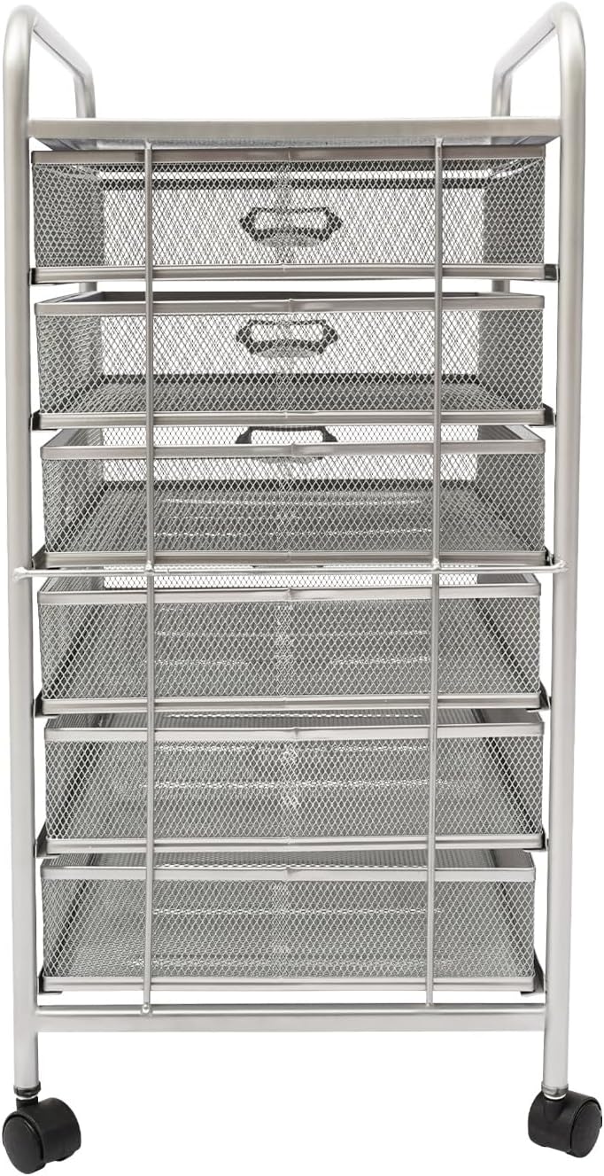 6-Tier Rolling File storage Cabinet with Mesh Drawers, 6 Drawers Rolling File Cart, Mobile Organizer Cart with Label Slots & Top Shelf for Offices, Study Rooms, Bedrooms, Libraries, Studios (Silver)